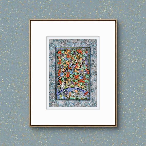 Tree of Paradise - Hoopoe Bird - Pomegranates Miniature Painting on Paper | Central Asian Cultural Heritage | Luxury Home Decor Art (MATTED)