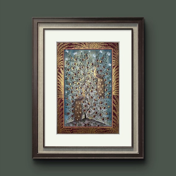 Tree of Paradise - Hoopoe Bird Miniature Painting on Antique Fine Silk Paper | Central Asian Cultural Heritage | Luxury Home Decor (MATTED)