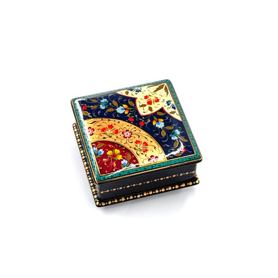 Papier-Mache Lacquered Jewelry Box - Handcrafted Ultra Fine Patterns over Gold Leaf Plated Elegance | Luxury Velvet-Lined | Unique Tiny Box
