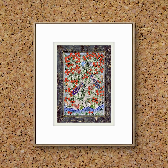 Tree of Paradise - Hoopoe Bird - Pomegranates Miniature Painting on Paper | Central Asian Cultural Heritage | Luxury Home Decor Art (MATTED)