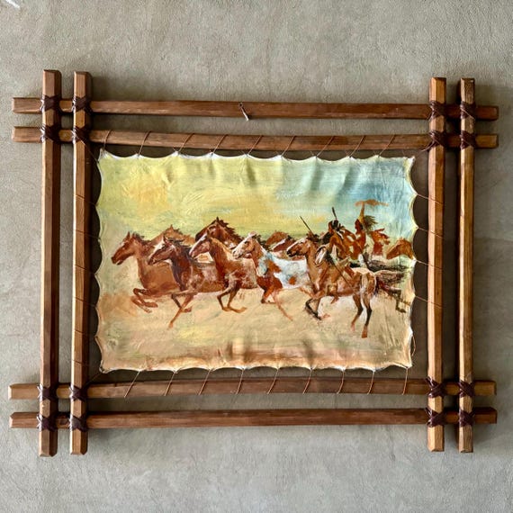 Timeless Spirit of the Great Plains – Oil Painting on Stretched Leather with Rustic Wooden Frame, A Tribute to Native American Heritage Art