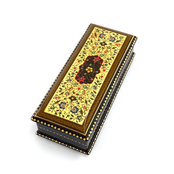 Papier-Mache Lacquered Jewelry Box - Handcrafted Ultra Fine Patterns over Gold Leaf Plated Elegance | Luxury Velvet-Lined | Unique Tiny Box