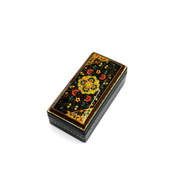 Papier-Mache Lacquered Jewelry Box - Handcrafted Ultra Fine Patterns over Gold Leaf Plated Elegance | Luxury Velvet-Lined | Unique Tiny Box