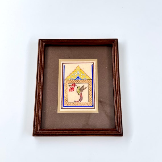 Ultra Fine Detailed Tiny Bird Painting - Exclusively Handcrafted Fine Walnut Frame | Luxury Interior Decoration - Micro Detailed Masterpiece