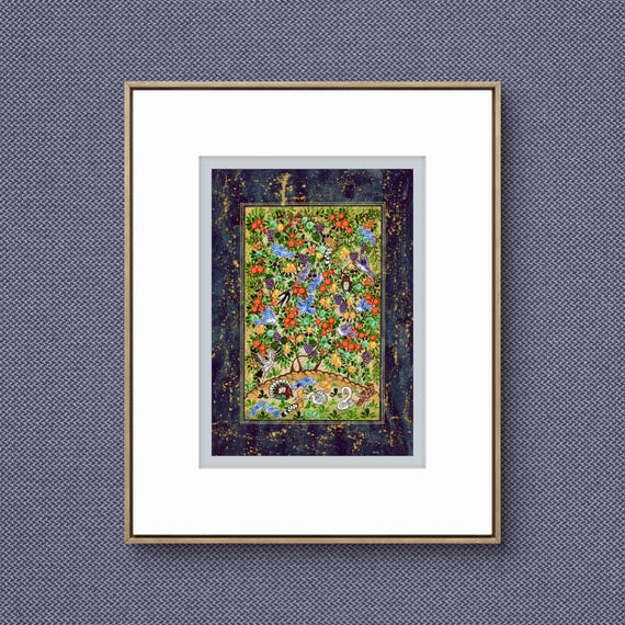 Tree of Paradise - Hoopoe Bird - Pomegranates Miniature Painting on Paper | Central Asian Cultural Heritage | Luxury Home Decor Art (MATTED)