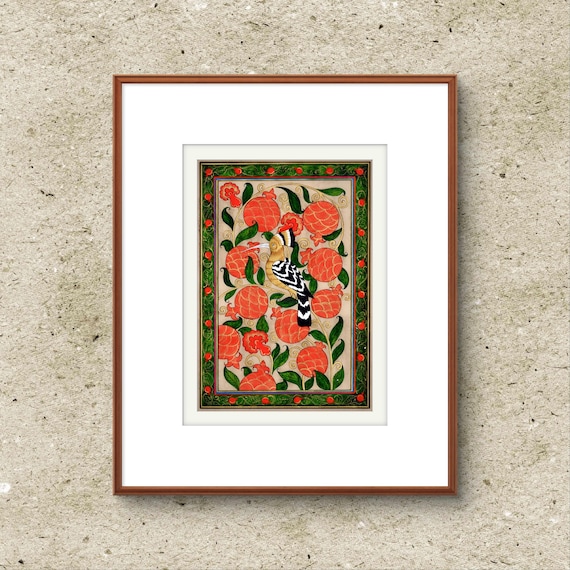Tree of Paradise - Hoopoe Bird Miniature Painting on Antique Fine Silk Paper | Central Asian Cultural Heritage | Luxury Home Decor (MATTED)