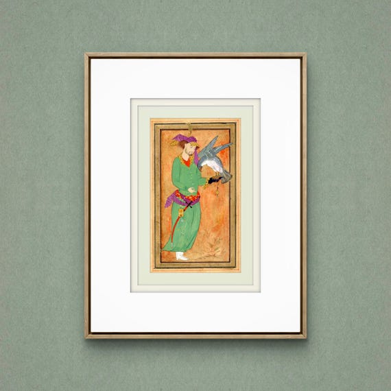 The Royal Hunter with His Falcon – A Persian – Miniature Illustration Reproduction | On Fine Handcrafted Silk Paper | Exclusive Piece of Art