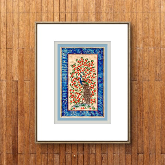 Tree of Paradise - Hoopoe Bird Miniature Painting on Antique Fine Silk Paper | Central Asian Cultural Heritage | Luxury Home Decor (MATTED)