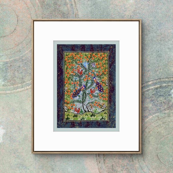 Tree of Paradise - Hoopoe Bird - Pomegranates Miniature Painting on Paper | Central Asian Cultural Heritage | Luxury Home Decor Art (MATTED)