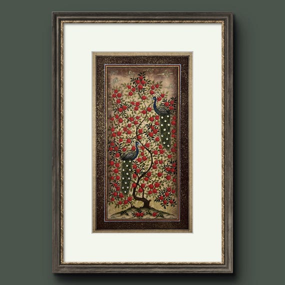 Tree of Paradise - Hoopoe Bird Miniature Painting on Antique Fine Silk Paper | Central Asian Cultural Heritage | Luxury Home Decor (MATTED)