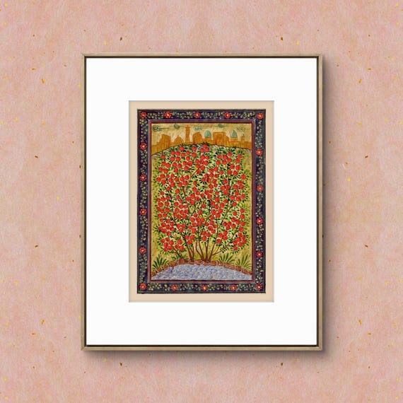 Tree of Paradise - Hoopoe Bird - Pomegranates Miniature Painting on Paper | Central Asian Cultural Heritage | Luxury Home Decor Art (MATTED)