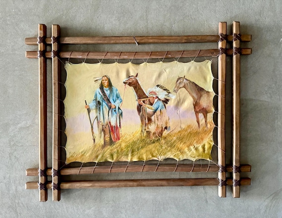 Timeless Spirit of the Great Plains – Oil Painting on Stretched Leather with Rustic Wooden Frame, A Tribute to Native American Heritage Art