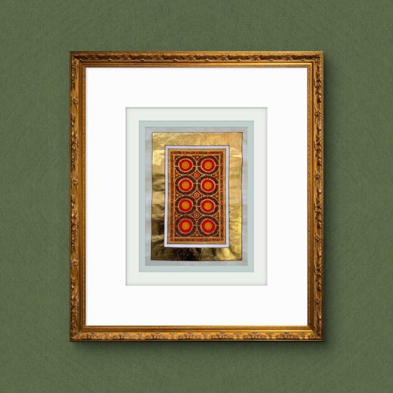 Vintage Suzani Illumination | Gold Leaf Manuscript Art | Islamic Textile Ornament | Hand-Painted Floral Medallion | UNFRAMED