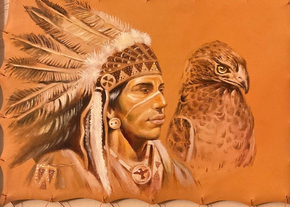 Art Fine Oil Painting Leather Art Wooden Handmade Native American Art Portrait Horse