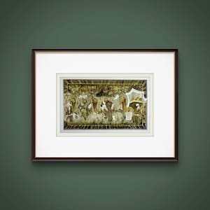 May include: An antique framed artwork featuring a detailed miniature painting. The painting depicts a procession of figures, animals, and structures in muted earth tones. The artwork is framed in a dark brown wooden frame with a white mat.