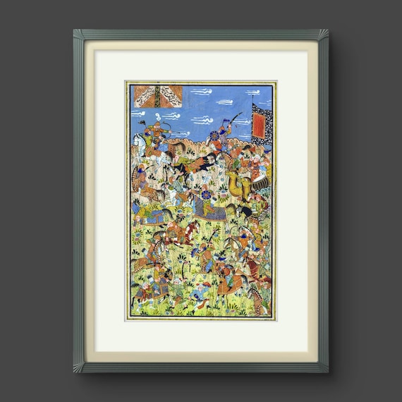 Art, Fine Art Miniature painting “ Battle scene from SHAHNAMEH “ Acrylic painting, Fine brush work Watercolor Ornamental painting (UNFRAMED)