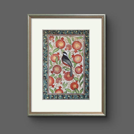 Tree of Paradise - Hoopoe Bird Miniature Painting on Antique Fine Silk Paper | Central Asian Cultural Heritage | Luxury Home Decor (MATTED)