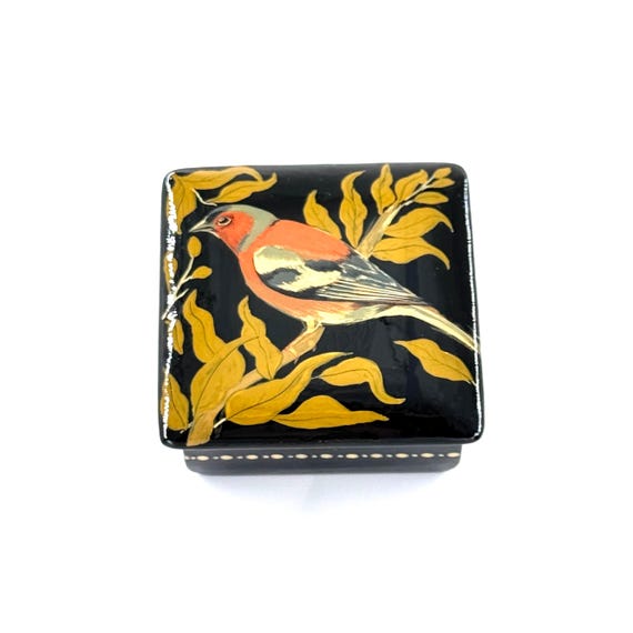 Papier-Mache Lacquered Jewelry Box - Handcrafted Ultra Fine Patterns over Gold Leaf Plated Elegance | Luxury Velvet-Lined | Unique Tiny Box
