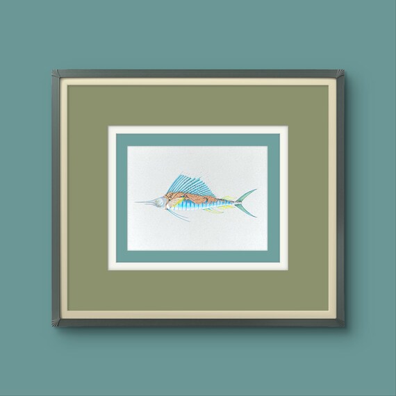 Sailfish Inspired Ultra-Fine Detailed Illustration | Deep Blue Marine Inspired Fine Painting, Ornamental Sailfish Art, Exclusive Decoration