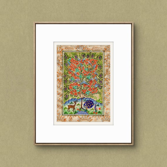 Tree of Paradise - Hoopoe Bird - Pomegranates Miniature Painting on Paper | Central Asian Cultural Heritage | Luxury Home Decor Art (MATTED)