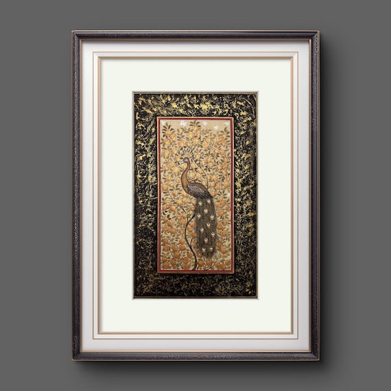 Tree of Paradise - Hoopoe Bird Miniature Painting on Antique Fine Silk Paper | Central Asian Cultural Heritage | Luxury Home Decor (MATTED)