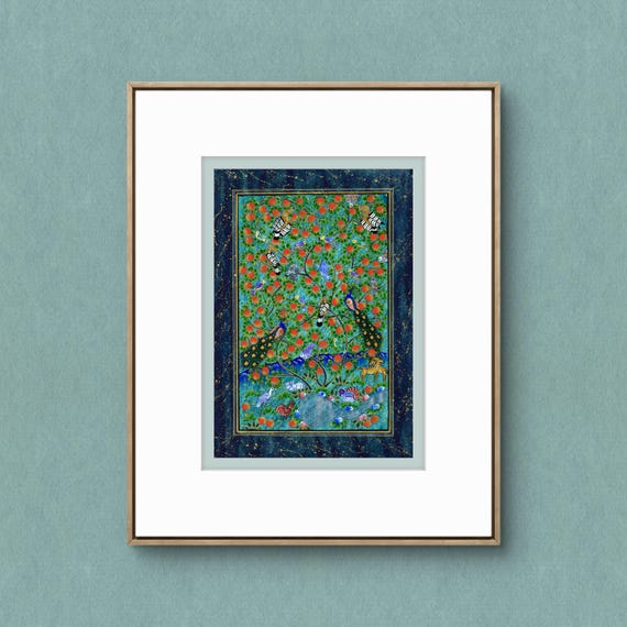 Tree of Paradise - Hoopoe Bird - Pomegranates Miniature Painting on Paper | Central Asian Cultural Heritage | Luxury Home Decor Art (MATTED)