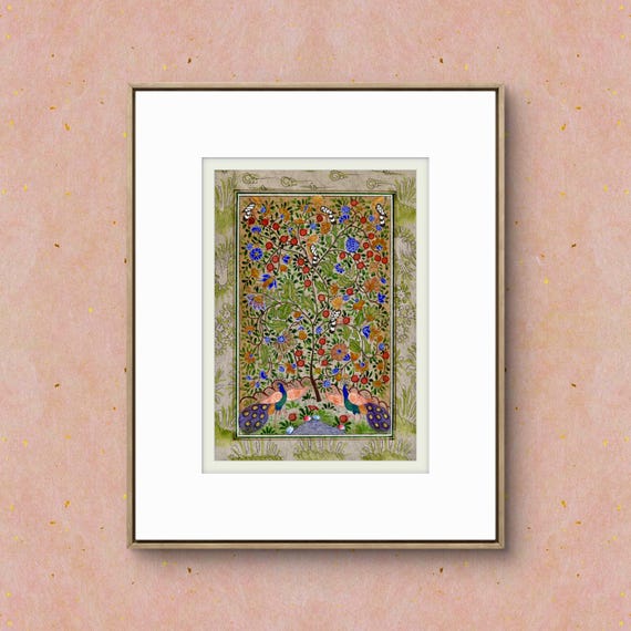 Tree of Paradise - Hoopoe Bird - Pomegranates Miniature Painting on Paper | Central Asian Cultural Heritage | Luxury Home Decor Art (MATTED)