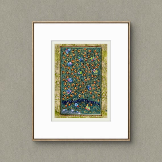 Tree of Paradise - Hoopoe Bird - Pomegranates Miniature Painting on Paper | Central Asian Cultural Heritage | Luxury Home Decor Art (MATTED)