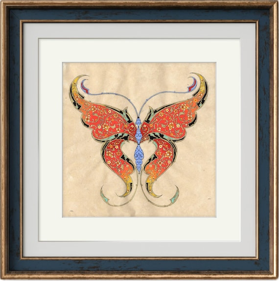 Fine Art - Butterfly Ornamental Illustration, Fine Miniature painting, “ FLORAL FLIGHT “ Central Asian Fine Art piece ( MATTED )