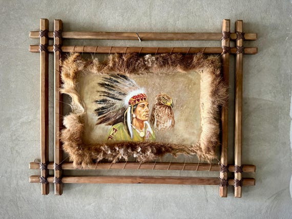 Timeless Spirit of the Great Plains – Oil Painting on Stretched Leather with Rustic Wooden Frame, A Tribute to Native American Heritage Art