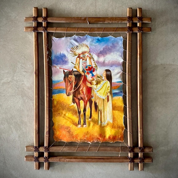Timeless Spirit of the Great Plains – Oil Painting on Stretched Leather with Rustic Wooden Frame, A Tribute to Native American Heritage Art