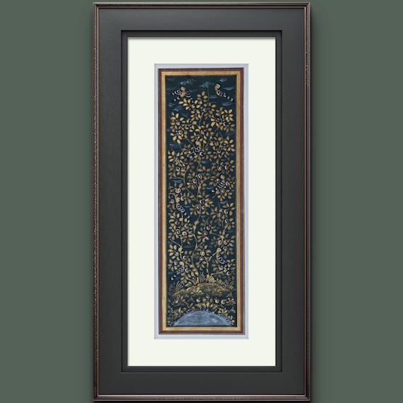 Tree of Paradise - Hoopoe Bird Miniature Painting on Antique Fine Silk Paper | Central Asian Cultural Heritage | Luxury Home Decor (MATTED)