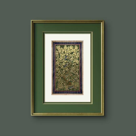 Tree of Paradise - Hoopoe Bird Miniature Painting on Antique Fine Silk Paper | Central Asian Cultural Heritage | Luxury Home Decor (MATTED)