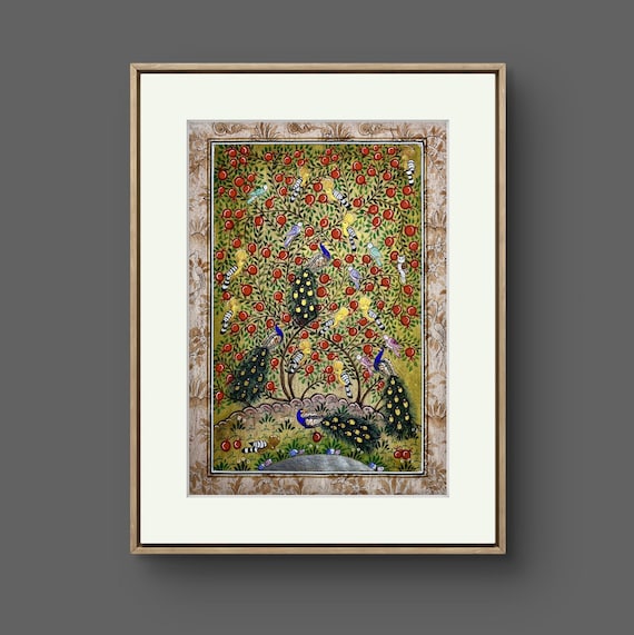 Tree of Paradise - Hoopoe Bird Miniature Painting on Antique Fine Silk Paper | Central Asian Cultural Heritage | Luxury Home Decor (MATTED)
