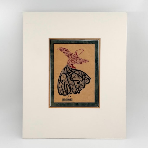 Dancing Dervish - Islamic World Sufism Inspired Calligraphy Art Work | Handcrafted Fine Silk Paper | Unique Interior Decoration (MATTED)