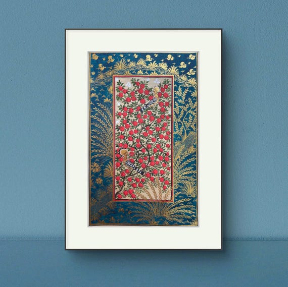 Tree of Paradise - Hoopoe Bird Miniature Painting on Antique Fine Silk Paper | Central Asian Cultural Heritage | Luxury Home Decor (MATTED)