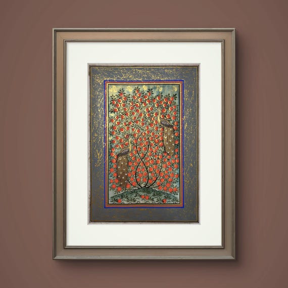 Tree of Paradise - Hoopoe Bird Miniature Painting on Antique Fine Silk Paper | Central Asian Cultural Heritage | Luxury Home Decor (MATTED)