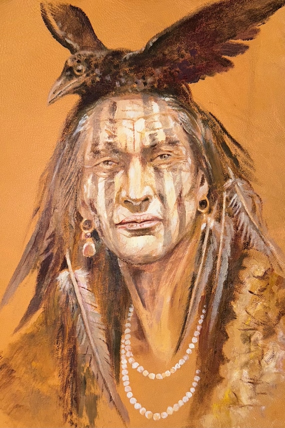 Art Fine Oil Painting Leather Art Wooden Handmade Native American Art Portrait Horse