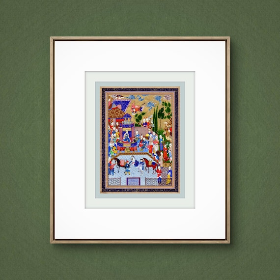 Persian Royal Manuscript Folio - Faridun's Mother Faranak Sends Gifts to Her Son | Courtly Procession Miniature Art | Vintage Reproduction