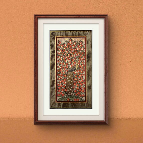 Tree of Paradise - Hoopoe Bird Miniature Painting on Antique Fine Silk Paper | Central Asian Cultural Heritage | Luxury Home Decor (MATTED)