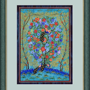 Tree of Paradise - Hoopoe Bird Miniature Painting on Antique Fine Silk Paper | Central Asian Cultural Heritage | Luxury Home Decor (MATTED)