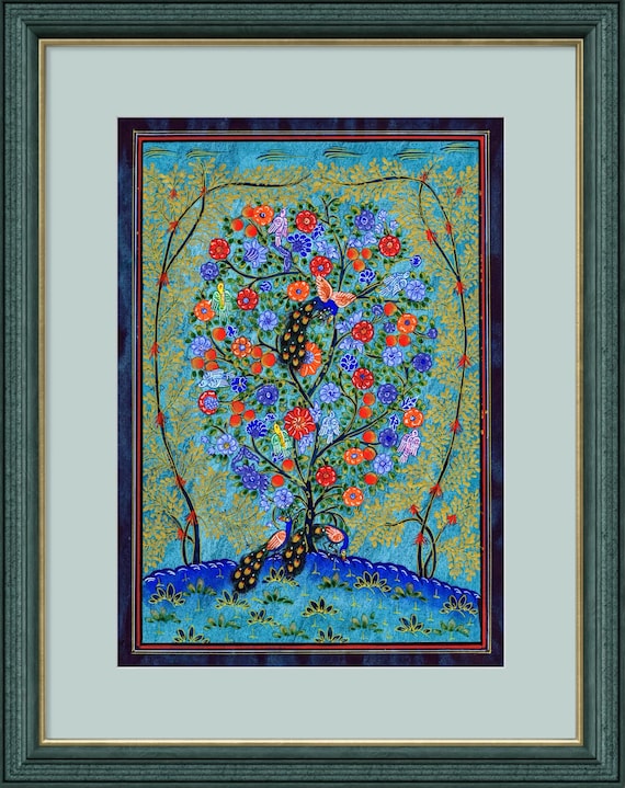 Tree of Paradise - Hoopoe Bird Miniature Painting on Antique Fine Silk Paper | Central Asian Cultural Heritage | Luxury Home Decor (MATTED)