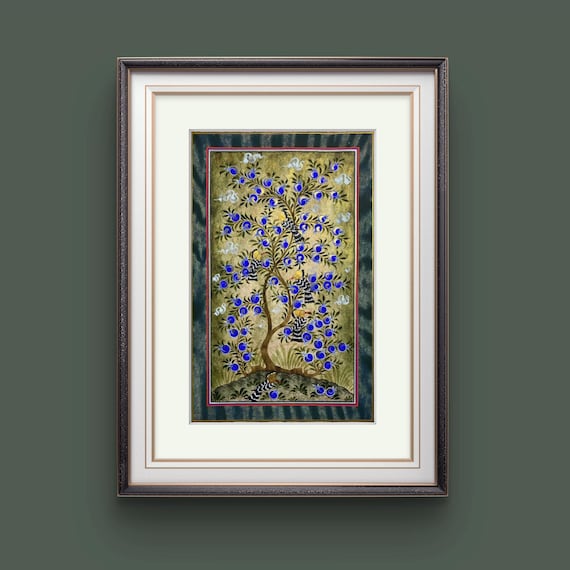 Tree of Paradise - Hoopoe Bird Miniature Painting on Antique Fine Silk Paper | Central Asian Cultural Heritage | Luxury Home Decor (MATTED)