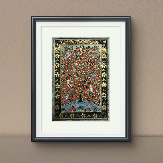 Tree of Paradise - Hoopoe Bird Miniature Painting on Antique Fine Silk Paper | Central Asian Cultural Heritage | Luxury Home Decor (MATTED)