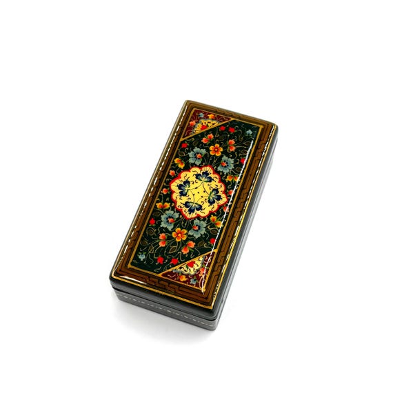 Papier-Mache Lacquered Jewelry Box - Handcrafted Ultra Fine Patterns over Gold Leaf Plated Elegance | Luxury Velvet-Lined | Unique Tiny Box
