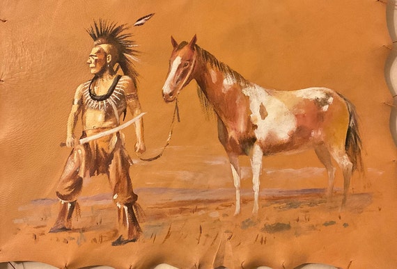 Art Fine Oil Painting Leather Art Wooden Handmade Native American Art Portrait Horse