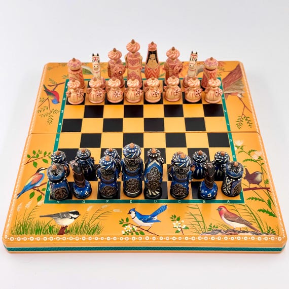 Lacquered Walnut Chess Set - Foldable Luxury Chessboard with Nature-Inspired Motifs | Unique Design for Collectors & Chess Enthusiasts.