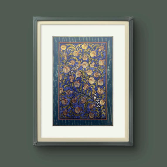 Tree of Paradise - Hoopoe Bird Miniature Painting on Antique Fine Silk Paper | Central Asian Cultural Heritage | Luxury Home Decor (MATTED)