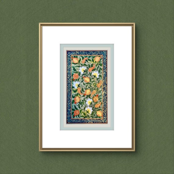 Tree of Paradise - Hoopoe Bird Miniature Painting on Antique Fine Silk Paper | Central Asian Cultural Heritage | Luxury Home Decor (MATTED)