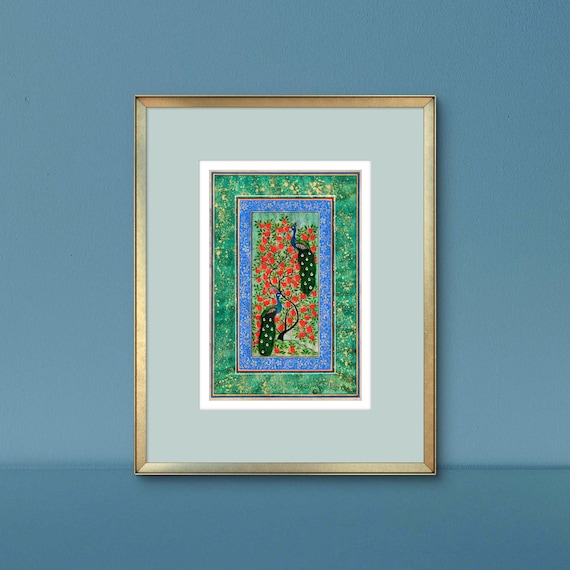Tree of Paradise - Hoopoe Bird Miniature Painting on Antique Fine Silk Paper | Central Asian Cultural Heritage | Luxury Home Decor (MATTED)